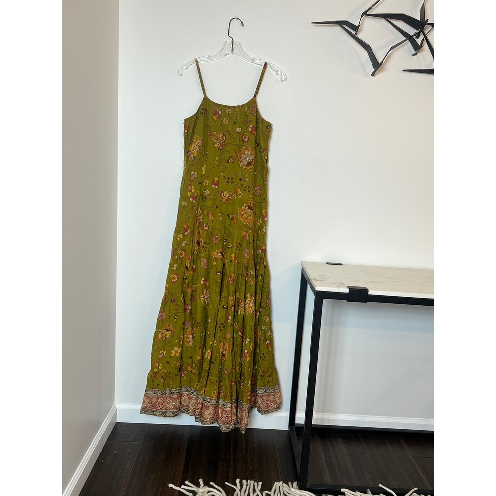 Kushmanda Olive Green Floral Cotton Blend Tiered Maxi Dress Boho Made in India